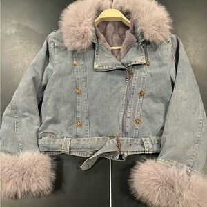 Cozy Denim Jacket faux Fur Lining, Collar & Cuffs Luxe Streetwear Sz L/XL Indie